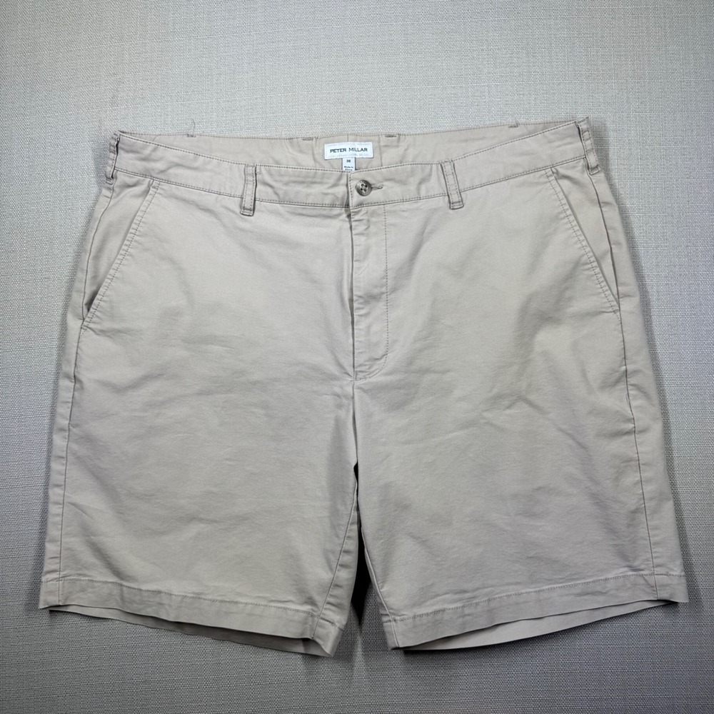 Peter Millar Mens Crown Comfort Khaki Tan Flat Front Chino Shorts Size 38